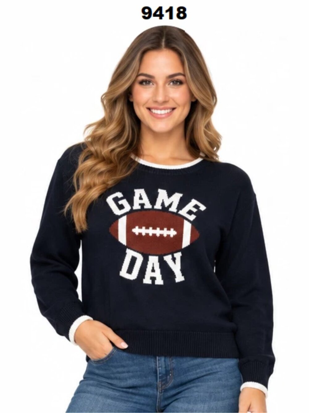 N.W.T CeCe Women's Navy Blue Game Day Football Classic Graphic Knit Sweater